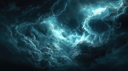 Night storm with lightning striking through dark clouds, creating a powerful, dramatic scene