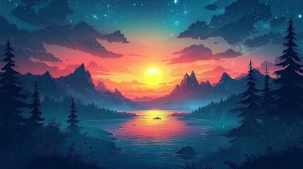 Majestic Mountain Sunset over Still Lake