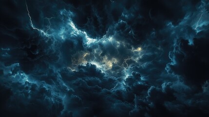 Night storm with lightning striking through dark clouds, creating a powerful, dramatic scene