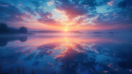 Fototapeta premium Serene Lakeside Sunset: Reflecting the Beauty of Nature