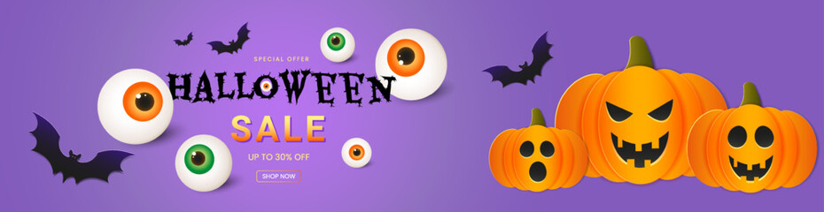 Halloween greeting banner with cutest pumpkins and bats on purple background. Design template for advertising, web, social media. Vector illustration in cut paper style