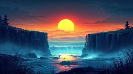 Serene Sunset Over Waterfall and Cliffs