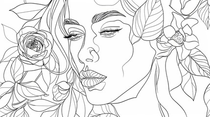 Fototapeta premium Women face in one line art style with flowers and leaves.Continuous line art in elegant style for prints, tattoos, posters, textile, cards etc. Beautiful woman face Vector illustration