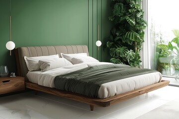 Walnut bed with headboard and footboard, dark grey fabric, Italian minimalism style, square floating nightstand, solid wood, green accent wall, white walls, natural lighting, product photography