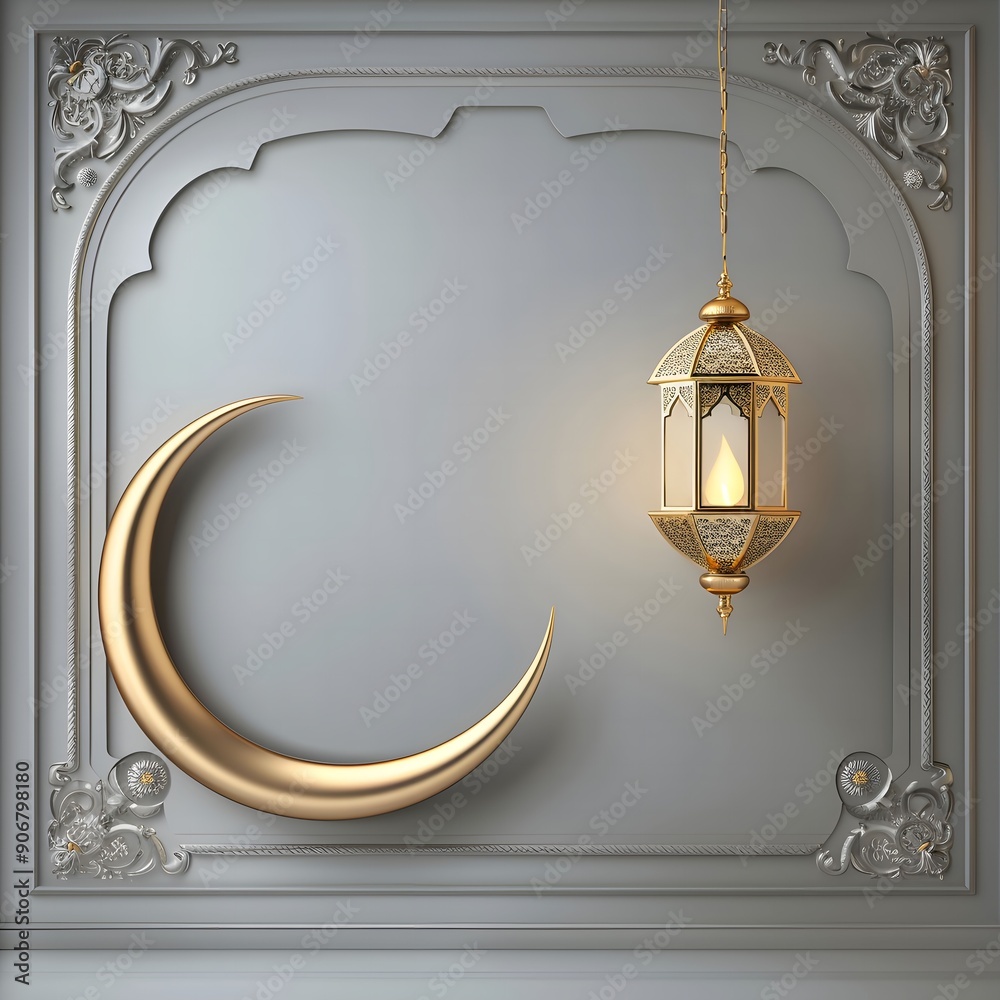 Wall mural golden crescent moon and lantern