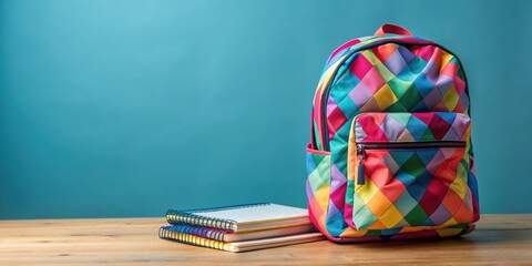 Colorful backpack and stack of notepads on table at home Back to school concept, school supplies, home studies, schoolbag
