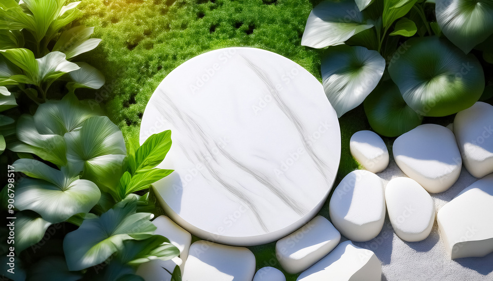 Sticker White Marble Podium With Green Leaves