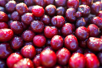 Cherry with drops water, background, texture. Lots of cherries, top view. Cherry background. Beautiful Red berries background. Delicious Cherry berry background. Bunch of red cherries.