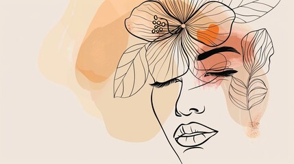 Women face in one line art style with flowers and leaves.Continuous line art in elegant style for prints, tattoos, posters, textile, cards etc. Beautiful woman face Vector illustration