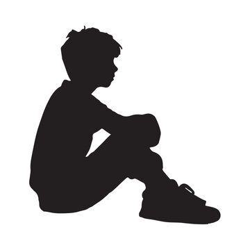 recommend clip art: Side profile portrait silhouette of a boy sitting silhouette white background
                    