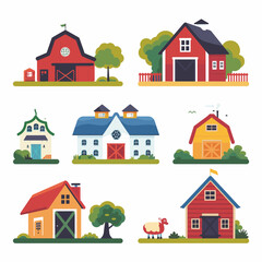 Collection colorful rural farmhouses barns surrounded greenery. Cartoon style homes agricultural buildings include sheep, trees, bushes. Simple, charming country houses barns vector illustration set