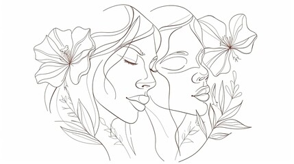 Fototapeta premium Women' faces in one line art style with flowers and leaves.Continuous line art in elegant style for prints, tattoos, posters, textile, cards etc. Beautiful woman face Vector illustration 