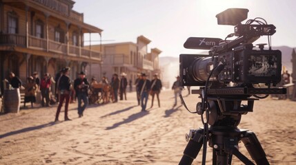 A film crew captures a Western movie scene in a dusty old town, filled with actors in period costumes and vintage props under the warm light of sunset.