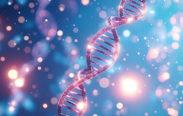 3D rendering of a DNA double helix on a blue background with bokeh lights. A scientific and biotechnology concept in the style of pink color, Generative AI