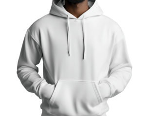 Isolated black man wearing a white hoodie with hands in pockets.