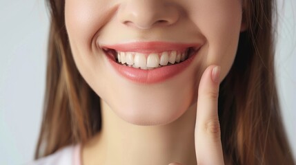 Obraz premium Close-up of a woman's smiling mouth and finger