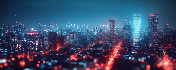 Fototapeta premium A vibrant cityscape at night with dazzling lights illuminating the skyline, creating a futuristic and dynamic atmosphere.