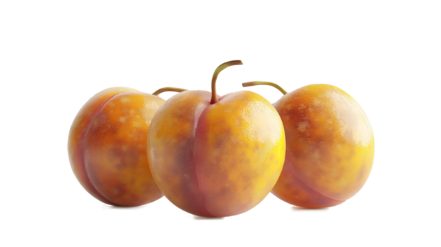 Three yellow plums with brown spots on them