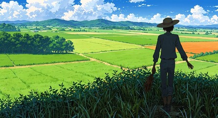 Fototapeta premium quiet field with scarecrow background panoramic wide angle view anime cartoon