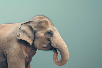 Naklejka premium Elephant close up. Funny photo. Cute animal image in a minimalist style on a light blue background on the right. Wild animal.