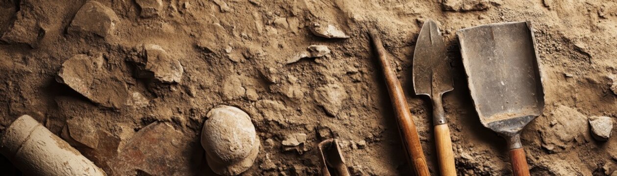 Archaeological tools and artifacts on a dusty excavation site, showcasing the intricate details of ancient discoveries and archaeological work.
