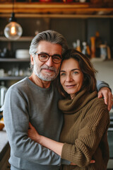 Fototapeta premium A man and woman are hugging in a kitchen. The man is wearing glasses and the woman is wearing a brown sweater
