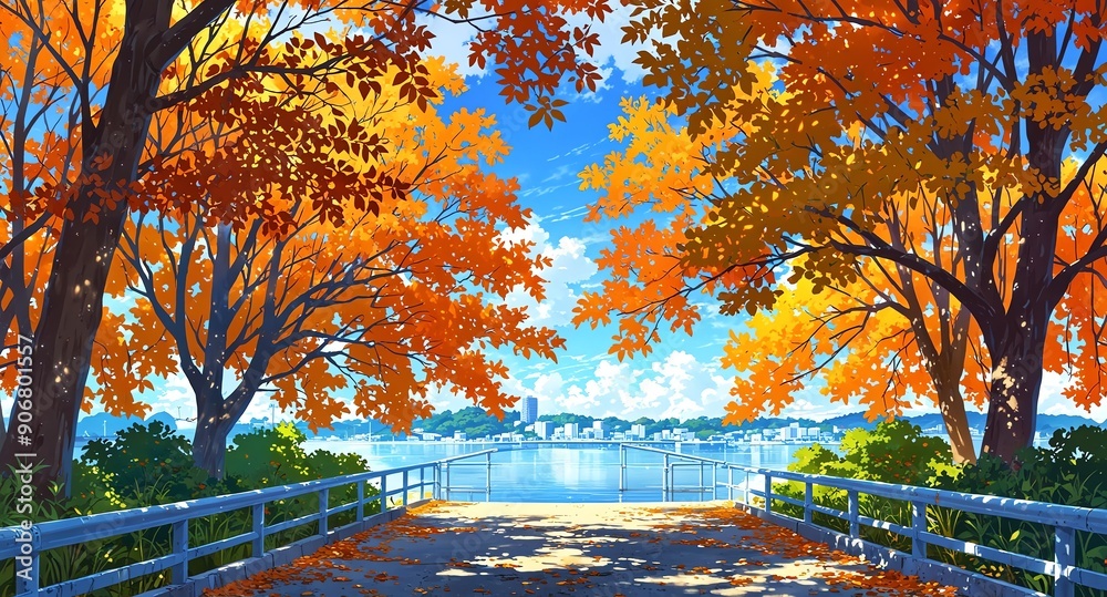 Poster quiet riverside with autumn leaves background panoramic wide angle view anime cartoon