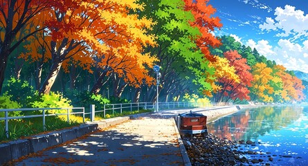 Obraz premium quiet riverside with autumn leaves background panoramic wide angle view anime cartoon