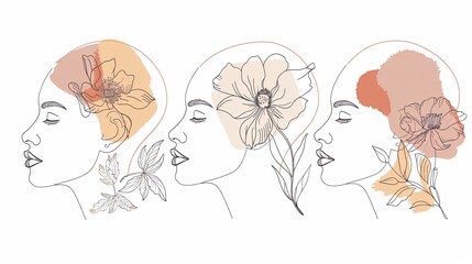 Fototapeta premium Women face in one line art style with flowers and leaves.Continuous line art in elegant style for prints, tattoos, posters, textile, cards etc. Beautiful woman face Vector illustration