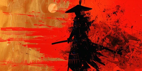 Samurai Warrior Silhouette Against a Red Sunset