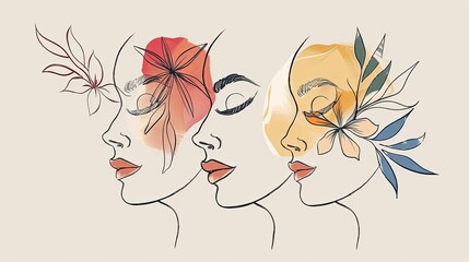 Women face in one line art style with flowers and leaves.Continuous line art in elegant style for prints, tattoos, posters, textile, cards etc. Beautiful woman face Vector illustration