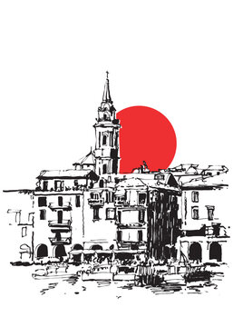 Drawing sketch illustration of Oneglia town in northern Italy