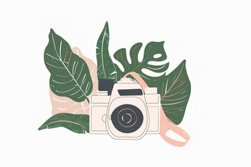 Stylish Camera Illustration for World Photography Day: Leaves, Doodle Art, Flat Color on a Simple White Background
