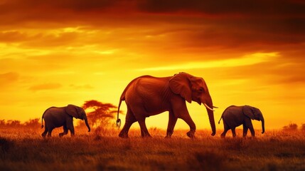Fototapeta premium Three elephants walking in a field with a sunset in the background. The elephants are of different sizes, with the largest one in the middle and the smallest one on the left