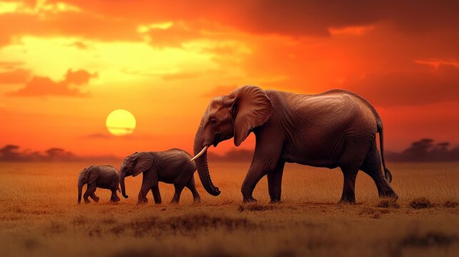 Three elephants walking in a field with a sunset in the background. The elephants are of different sizes, with the largest one in the middle and the smallest one on the left