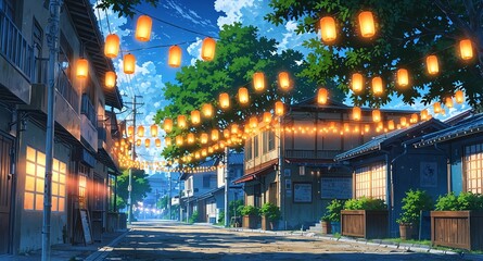 Obraz premium small town festival with lanterns background panoramic wide angle view anime cartoon