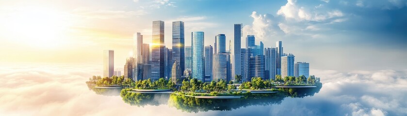 Futuristic floating city skyline with modern skyscrapers, surrounded by clouds and greenery, under a bright sky.