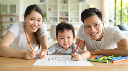 Happy family of three, with a smiling toddler, drawing together with markers at a table, creating a cheerful and loving home environment.