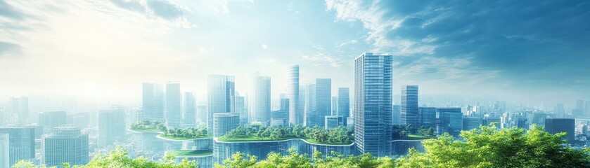 Fototapeta premium Modern city skyline with skyscrapers and lush greenery against a bright, sunny sky, showcasing urban architecture and green spaces.