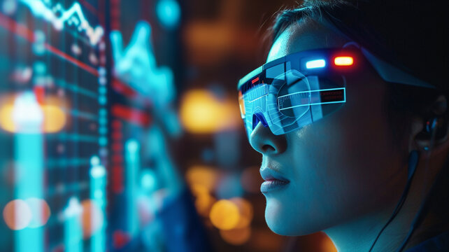Asian woman with smart glasses on. display positioned on the head. computer that is wearable. Virtual reality