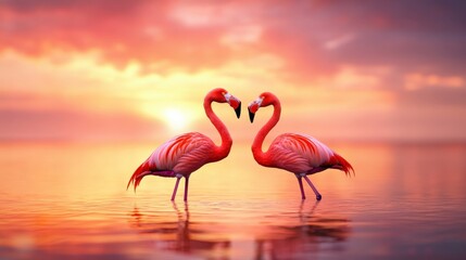 Fototapeta premium A group of five flamingos are standing in the water, with the sun setting in the background. The scene is serene and peaceful, with the flamingos appearing to be enjoying the calm waters