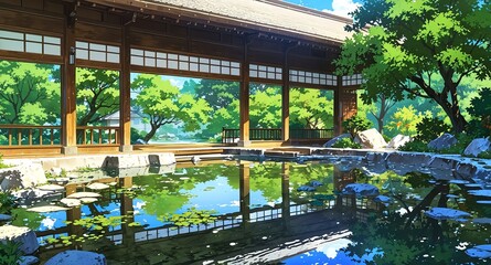 traditional japanese garden with pond background panoramic wide angle view anime cartoon