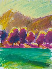 Sunny Sea, trees and mountain, landscape, lake, illustration, painting, art, sketch, hand drawing, colorfull, South Europe Landscape in colorful painterly style with colors structure on the paper.