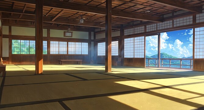 traditional dojo with tatami mats background panoramic wide angle view anime cartoon