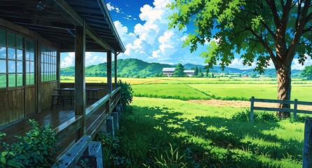 Fototapeta premium tranquil countryside farmhouse background panoramic wide angle view anime cartoon