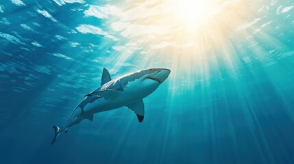 Fototapeta premium A shark is swimming in the ocean with its mouth open. The sun is shining on the water, creating a beautiful and serene atmosphere