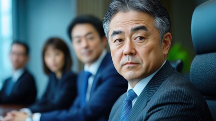A man in a suit is sitting in a meeting with other people