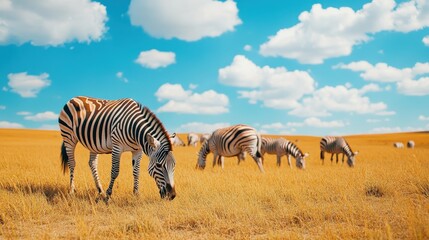 Obraz premium A zebra is grazing in a field with other zebras. The field is filled with tall grass and the sun is shining brightly. The scene is peaceful and serene