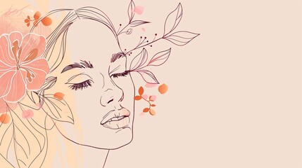 Women face in one line art style with flowers and leaves.Continuous line art in elegant style for prints, tattoos, posters, textile, cards etc. Beautiful woman face Vector illustration