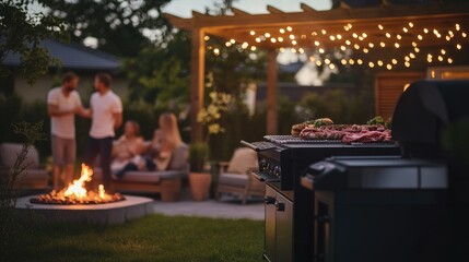 Friends Gathering for a Backyard Barbecue under Fairy Lights